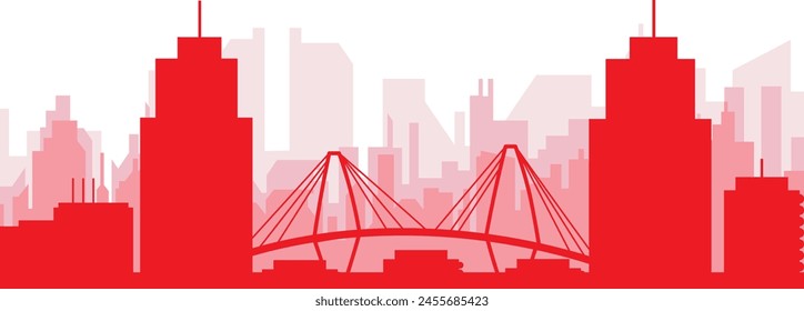 Red panoramic city skyline poster with reddish misty transparent background buildings of CHARLESTON, UNITED STATES