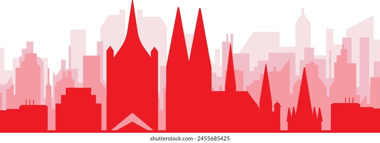 Red panoramic city skyline poster with reddish misty transparent background buildings of COLOGNE, GERMANY