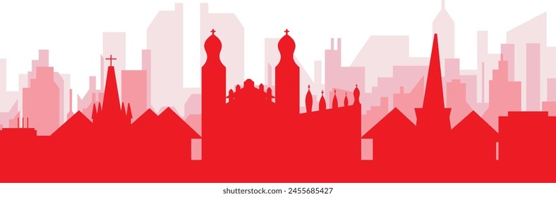 Red panoramic city skyline poster with reddish misty transparent background buildings of CAMBRIDGE, UNITED KINGDOM