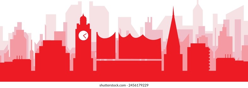 Red panoramic city skyline poster with reddish misty transparent background buildings of HAMBURG, GERMANY