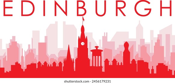 Red panoramic city skyline poster with reddish misty transparent background buildings of EDINBURGH, UNITED KINGDOM