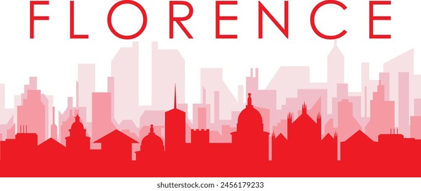 Red panoramic city skyline poster with reddish misty transparent background buildings of FLORENCE, ITALY