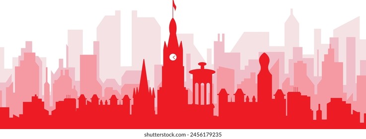 Red panoramic city skyline poster with reddish misty transparent background buildings of EDINBURGH, UNITED KINGDOM