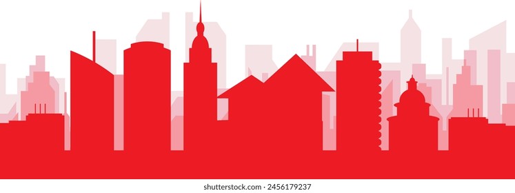 Red panoramic city skyline poster with reddish misty transparent background buildings of DORTMUND, GERMANY