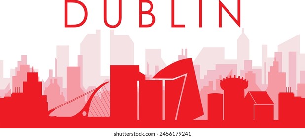 Red panoramic city skyline poster with reddish misty transparent background buildings of DUBLIN, IRELAND