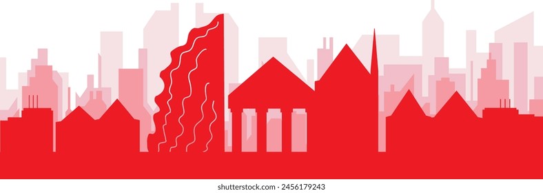 Red panoramic city skyline poster with reddish misty transparent background buildings of GENEVA, SWITZERLAND