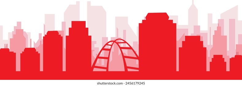 Red panoramic city skyline poster with reddish misty transparent background buildings of EDMONTON, CANADA