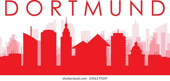 Red panoramic city skyline poster with reddish misty transparent background buildings of DORTMUND, GERMANY