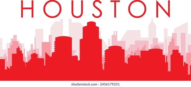 Red panoramic city skyline poster with reddish misty transparent background buildings of HOUSTON, UNITED STATES