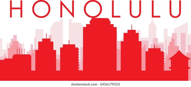 Red panoramic city skyline poster with reddish misty transparent background buildings of HONOLULU, UNITED STATES