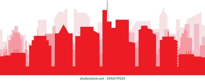 Red panoramic city skyline poster with reddish misty transparent background buildings of FRANKFURT, GERMANY