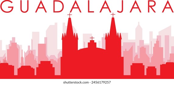 Red panoramic city skyline poster with reddish misty transparent background buildings of GUADALAJARA, MEXICO