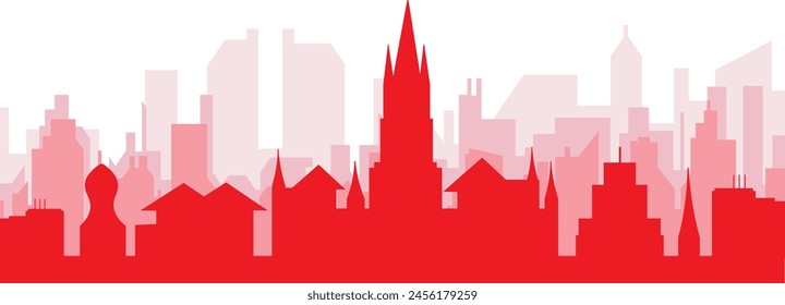 Afiche panorámico rojo del horizonte de la ciudad con los edificios rojizos brumosos transparentes del fondo de GLASGOW, REINO UNIDO