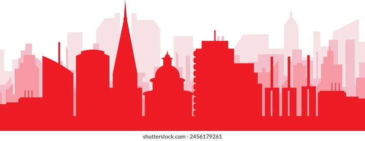 Red panoramic city skyline poster with reddish misty transparent background buildings of HANOVER, GERMANY