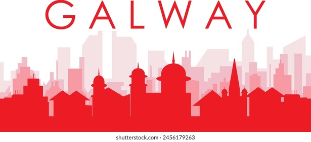 Red panoramic city skyline poster with reddish misty transparent background buildings of GALWAY, IRELAND