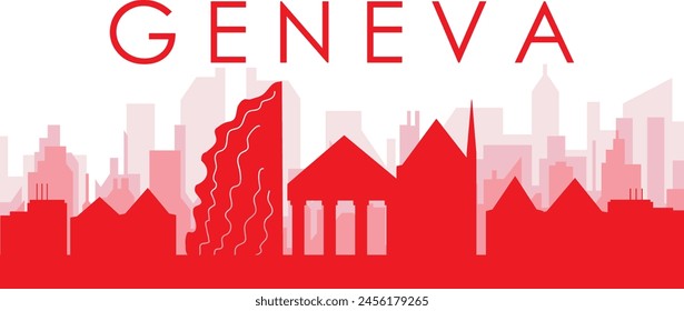 Red panoramic city skyline poster with reddish misty transparent background buildings of GENEVA, SWITZERLAND