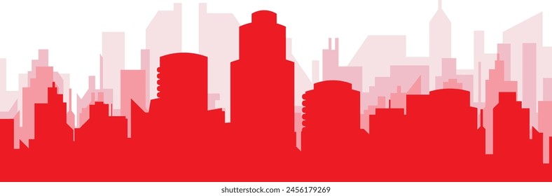 Red panoramic city skyline poster with reddish misty transparent background buildings of HOUSTON, UNITED STATES