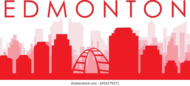 Red panoramic city skyline poster with reddish misty transparent background buildings of EDMONTON, CANADA