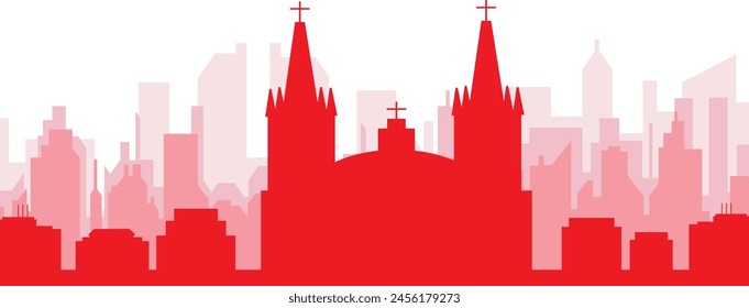 Red panoramic city skyline poster with reddish misty transparent background buildings of GUADALAJARA, MEXICO