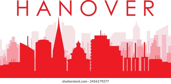 Red panoramic city skyline poster with reddish misty transparent background buildings of HANOVER, GERMANY