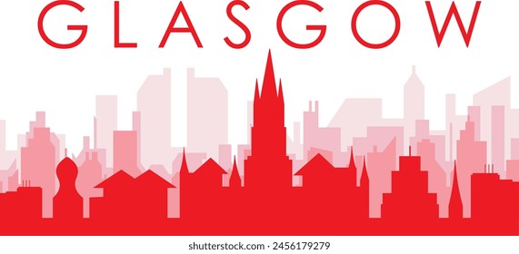 Afiche panorámico rojo del horizonte de la ciudad con los edificios rojizos brumosos transparentes del fondo de GLASGOW, REINO UNIDO