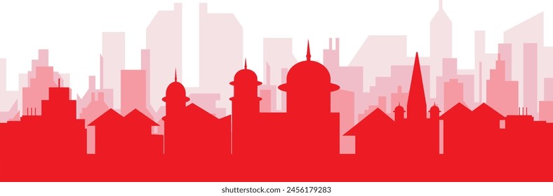 Red panoramic city skyline poster with reddish misty transparent background buildings of GALWAY, IRELAND