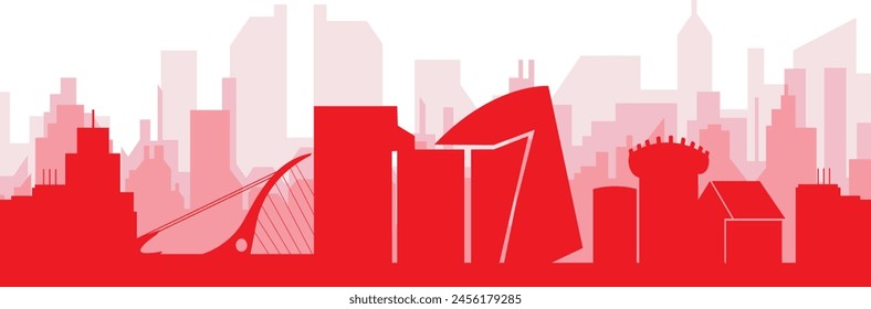 Red panoramic city skyline poster with reddish misty transparent background buildings of DUBLIN, IRELAND