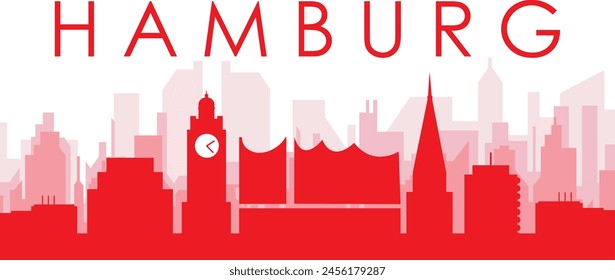 Red panoramic city skyline poster with reddish misty transparent background buildings of HAMBURG, GERMANY