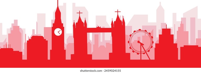 Red panoramic city skyline poster with reddish misty transparent background buildings of LONDON, UNITED KINGDOM