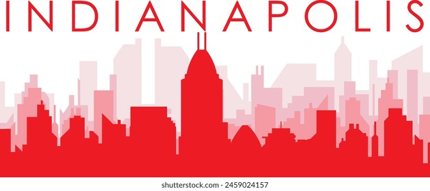 Red panoramic city skyline poster with reddish misty transparent background buildings of INDIANAPOLIS, UNITED STATES