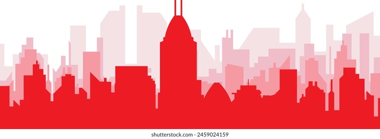 Red panoramic city skyline poster with reddish misty transparent background buildings of INDIANAPOLIS, UNITED STATES