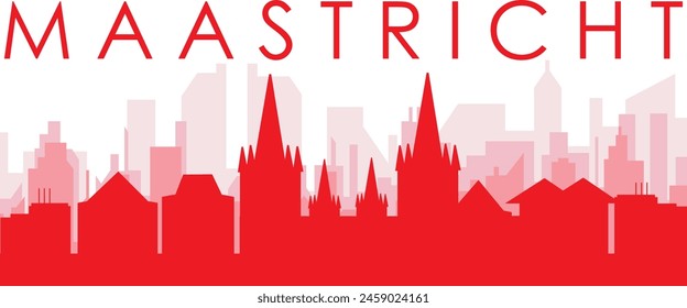 Red panoramic city skyline poster with reddish misty transparent background buildings of MAASTRICHT, NETHERLANDS