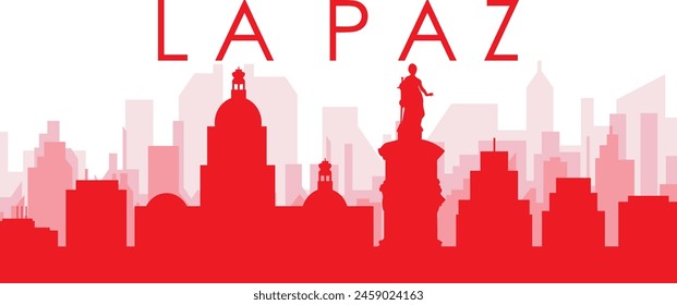 Red panoramic city skyline poster with reddish misty transparent background buildings of LA PAZ, BOLIVIA