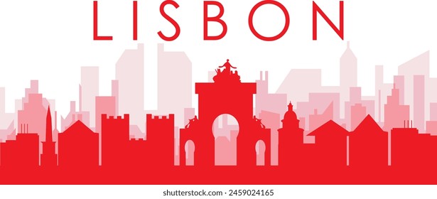 Red panoramic city skyline poster with reddish misty transparent background buildings of LISBON, PORTUGAL