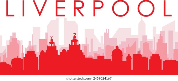 Red panoramic city skyline poster with reddish misty transparent background buildings of LIVERPOOL, UNITED KINGDOM