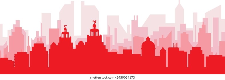 Red panoramic city skyline poster with reddish misty transparent background buildings of LIVERPOOL, UNITED KINGDOM