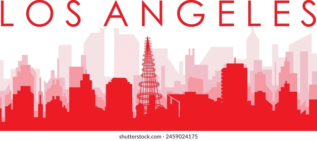 Red panoramic city skyline poster with reddish misty transparent background buildings of LOS ANGELES, UNITED STATES