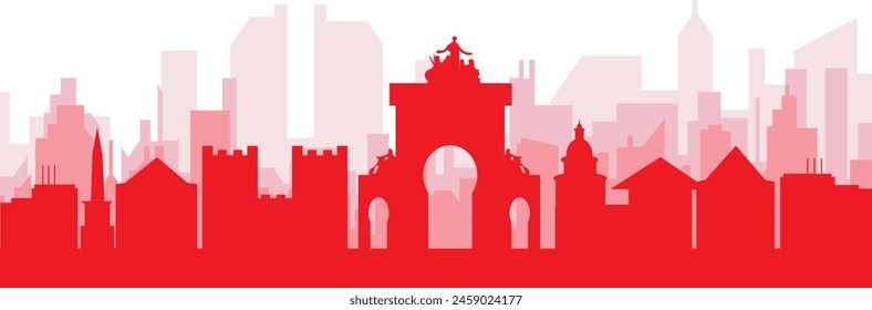 Red panoramic city skyline poster with reddish misty transparent background buildings of LISBON, PORTUGAL