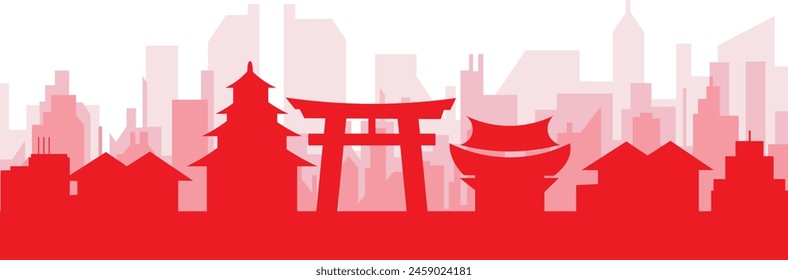 Red panoramic city skyline poster with reddish misty transparent background buildings of KYOTO, JAPAN