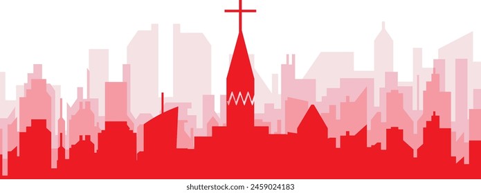 Red panoramic city skyline poster with reddish misty transparent background buildings of LYON, FRANCE