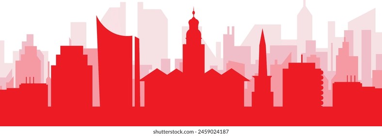 Red panoramic city skyline poster with reddish misty transparent background buildings of LEIPZIG, GERMANY