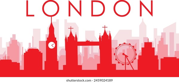 Red panoramic city skyline poster with reddish misty transparent background buildings of LONDON, UNITED KINGDOM