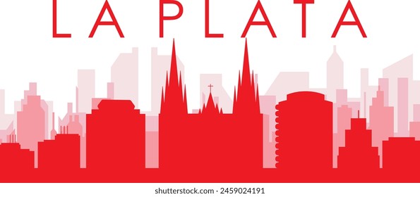 Red panoramic city skyline poster with reddish misty transparent background buildings of LA PLATA, ARGENTINA