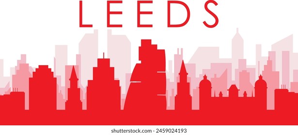 Red panoramic city skyline poster with reddish misty transparent background buildings of LEEDS, UNITED KINGDOM