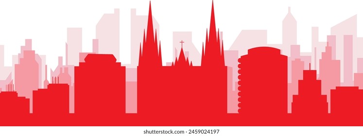 Red panoramic city skyline poster with reddish misty transparent background buildings of LA PLATA, ARGENTINA