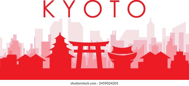 Red panoramic city skyline poster with reddish misty transparent background buildings of KYOTO, JAPAN