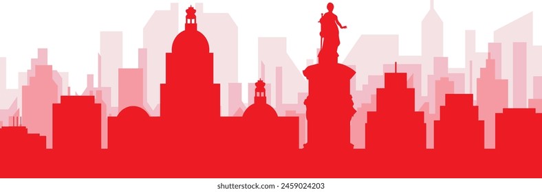 Red panoramic city skyline poster with reddish misty transparent background buildings of LA PAZ, BOLIVIA