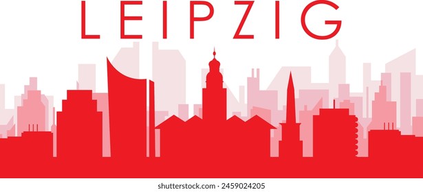 Red panoramic city skyline poster with reddish misty transparent background buildings of LEIPZIG, GERMANY