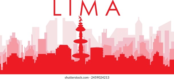 Red panoramic city skyline poster with reddish misty transparent background buildings of LIMA, PERU