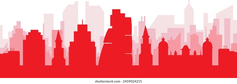 Afiche panorámico de la ciudad rojo con los edificios rojizos del fondo transparente de la niebla de LEEDS, REINO UNIDO